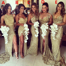 Load image into Gallery viewer, Sparkly Bling Gold Sequined Mermaid Bridesmaid Gowns Sexy Backless Slit Plus Size Maid Of The Honor Gowns Wedding Party Gowns