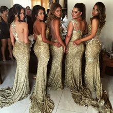 Load image into Gallery viewer, Sparkly Bling Gold Sequined Mermaid Bridesmaid Gowns Sexy Backless Slit Plus Size Maid Of The Honor Gowns Wedding Party Gowns