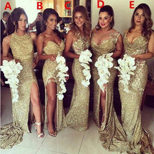 Load image into Gallery viewer, Sparkly Bling Gold Sequined Mermaid Bridesmaid Gowns Sexy Backless Slit Plus Size Maid Of The Honor Gowns Wedding Party Gowns