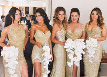 Load image into Gallery viewer, Sparkly Bling Gold Sequined Mermaid Bridesmaid Gowns Sexy Backless Slit Plus Size Maid Of The Honor Gowns Wedding Party Gowns