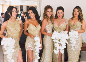 Sparkly Bling Gold Sequined Mermaid Bridesmaid Gowns Sexy Backless Slit Plus Size Maid Of The Honor Gowns Wedding Party Gowns