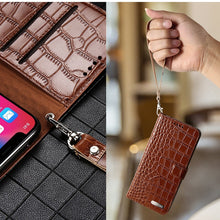 Load image into Gallery viewer, LANGSIDI brand Crocodile Flip phone case For iPhone 11 pro max Genuine leather card slot stand full protection cover with strap