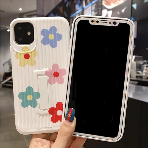 For iPhone 11 pro max /XS Max flowers back Case Tempered Glass Screen film for iPhone X XR 7 8 6s Plus fresh Cover 8plus holder