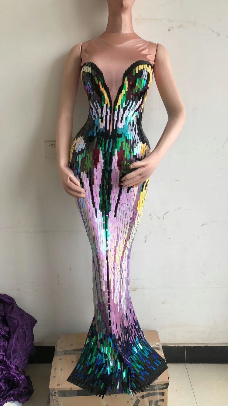 High Quality Celebrity Sleeveless Colorful Sequined Long Dress Evening Party Elegant Dress