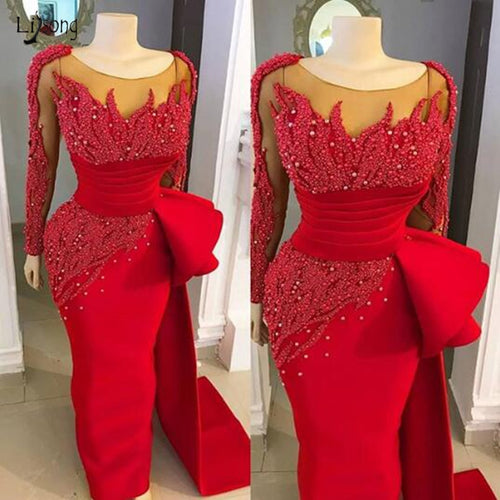 Red Mermaid Evening Gown Elegant Long Sleeves 2020 Fashion Sequin Beading Arabic Formal Party Dresses Prom Gown Robe De Soiree