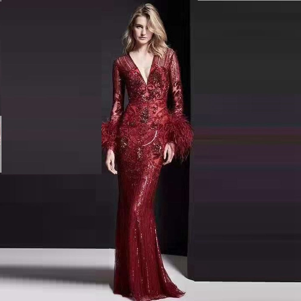 2019 Fashion Eelgant Women Sequin Dress Red Long Sleeve Feathers Long maxi Eevning Celebrity party vestidos Wholesale Dropship