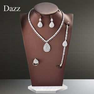 Dazz  4PCS Luxury Nigeria CZ Zircon Jewelry Set Women Wedding Dress India Africa Bride Sliver Color Necklace Earrings Accessory