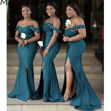 Load image into Gallery viewer, Bridesmaid Dresses African Green Sexy Sweetheart Floor Length Sweep Train Side Slit Silk Satin Wedding Party Bridemaid Dresses