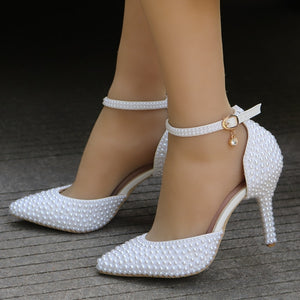 Crystal Queen Pointed Toe White Pearl Wedding Shoes Thin Heels Shoes Bridal High Heels Shoes Female Party Ankle Strap Sandals