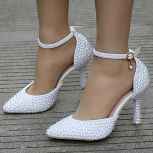 Crystal Queen Pointed Toe White Pearl Wedding Shoes Thin Heels Shoes Bridal High Heels Shoes Female Party Ankle Strap Sandals