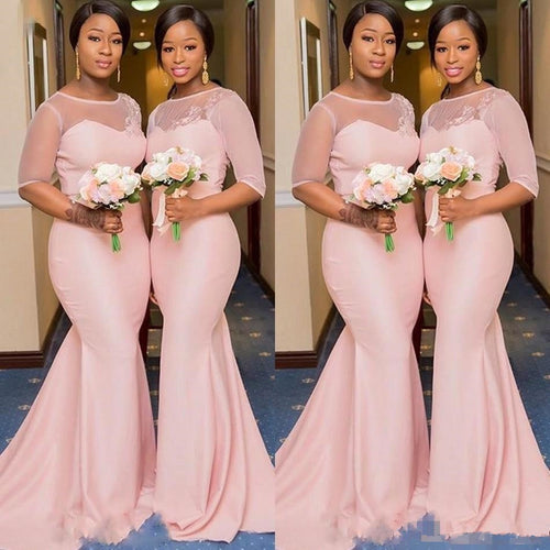 Blush Pink African Nigerian Mermaid Bridesmaid Dresses with Sleeve 2020 Sheer Lace Neck Plus Size Maid of Honor Wedding gown