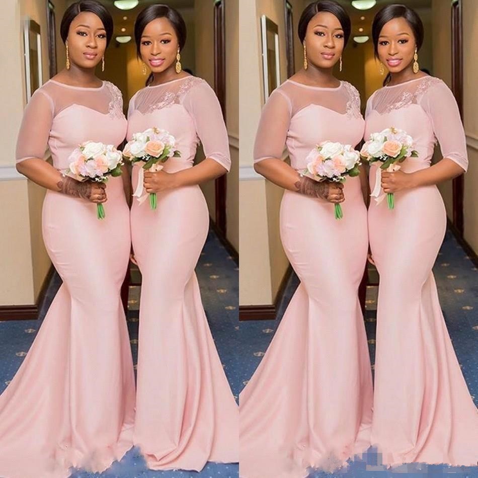 Blush Pink African Nigerian Mermaid Bridesmaid Dresses with Sleeve 2020 Sheer Lace Neck Plus Size Maid of Honor Wedding gown