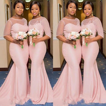 Load image into Gallery viewer, Blush Pink African Nigerian Mermaid Bridesmaid Dresses with Sleeve 2020 Sheer Lace Neck Plus Size Maid of Honor Wedding gown