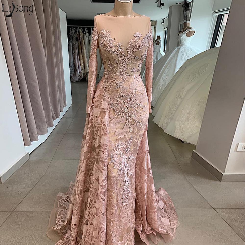 Luxury Lace Mermaid Prom Dresses Long Sleeves Sheer Neck Dubai African Women Formal Evening Dress Elegant Abiye Robe de soiree