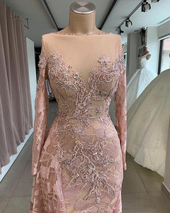 Luxury Lace Mermaid Prom Dresses Long Sleeves Sheer Neck Dubai African Women Formal Evening Dress Elegant Abiye Robe de soiree