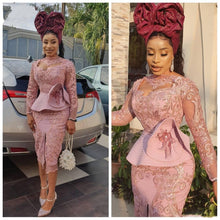 Load image into Gallery viewer, Nigerian Lace Formal Dress African Prom Gowns robe de soiree Pink Prom Gown Midi Front Slit Applique Peplum abendkleider