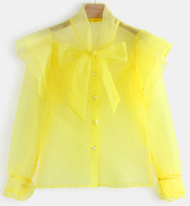 Blouses Shirts Ruffles Bowtie Thin See Through Transparent with Buttons Long Sleeves Sheer Bluas Sexy Women Spring Summer New