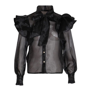 Blouses Shirts Ruffles Bowtie Thin See Through Transparent with Buttons Long Sleeves Sheer Bluas Sexy Women Spring Summer New