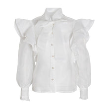 Load image into Gallery viewer, Blouses Shirts Ruffles Bowtie Thin See Through Transparent with Buttons Long Sleeves Sheer Bluas Sexy Women Spring Summer New