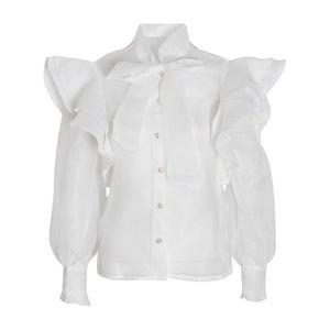 Blouses Shirts Ruffles Bowtie Thin See Through Transparent with Buttons Long Sleeves Sheer Bluas Sexy Women Spring Summer New