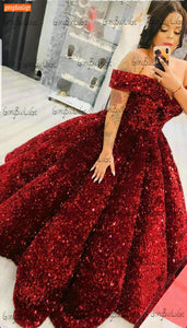 Sparkly Burgundy Evening Dress Long 2021 robe de mariee Off Shoulder Sequins Lace Up Ball Gown Formal Dresses Reflective Pageant