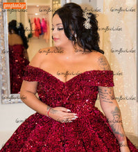 Load image into Gallery viewer, Sparkly Burgundy Evening Dress Long 2021 robe de mariee Off Shoulder Sequins Lace Up Ball Gown Formal Dresses Reflective Pageant