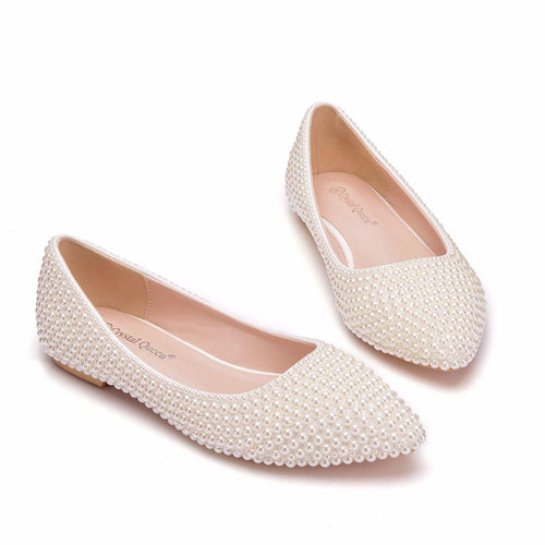 Crystal Queen Beige pearl Crystal womens wedding shoes Flat big size female shoes real leather insole woman shoes Bridal party