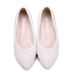 Crystal Queen Beige pearl Crystal womens wedding shoes Flat big size female shoes real leather insole woman shoes Bridal party