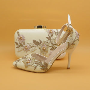 2021 New White Lace Flower wedding shoes with matching bags High heels Pointed Toe Ankle Strap Ladies Party shoe and bag set