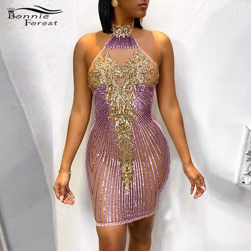 Bonnie Forest Glamorous Sequin Detail Shift Mini Dress 2021 New Women Glitter Backless Sequins Prom Party Dress Birthday Outfits