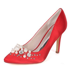 Creativesugar pointed toe satin evening dress shoes with pearls and rivet elegant lady bridal weddding prom pumps woman heels