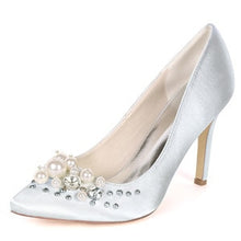 Load image into Gallery viewer, Creativesugar pointed toe satin evening dress shoes with pearls and rivet elegant lady bridal weddding prom pumps woman heels