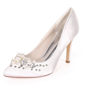 Creativesugar pointed toe satin evening dress shoes with pearls and rivet elegant lady bridal weddding prom pumps woman heels