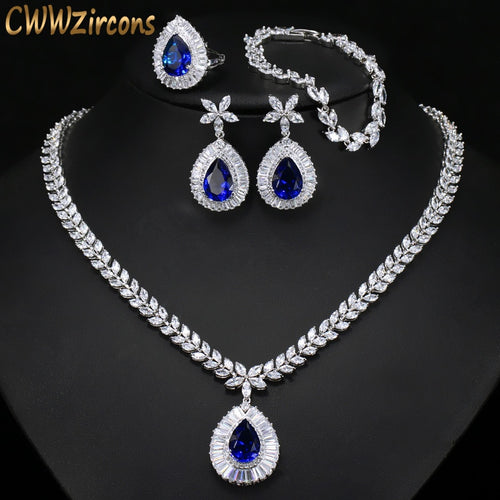 CWWZircons Water Drop Royal Blue CZ Necklace Earrings Ring And Bracelet 4 Piece Wedding Jewelry Set For Women Bridal Party T098