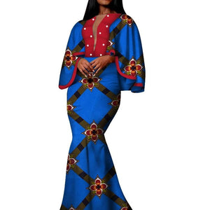 Autumn African Print Long Dresses for Women Bazin Riche Cotton Ruffles Sleeve Dresses Vestidos Pearl African Clothing WY5030