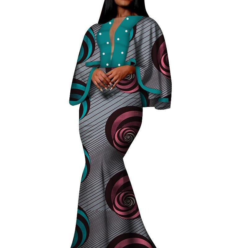 Autumn African Print Long Dresses for Women Bazin Riche Cotton Ruffles Sleeve Dresses Vestidos Pearl African Clothing WY5030