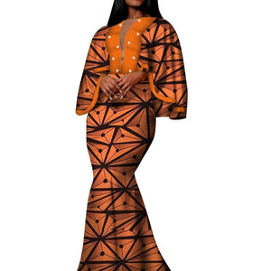 Autumn African Print Long Dresses for Women Bazin Riche Cotton Ruffles Sleeve Dresses Vestidos Pearl African Clothing WY5030