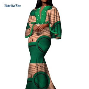 Autumn African Print Long Dresses for Women Bazin Riche Cotton Ruffles Sleeve Dresses Vestidos Pearl African Clothing WY5030