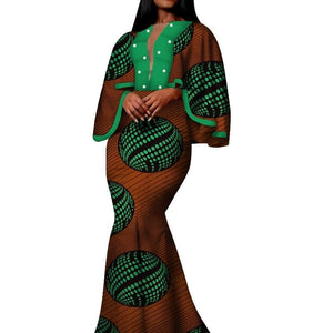 Autumn African Print Long Dresses for Women Bazin Riche Cotton Ruffles Sleeve Dresses Vestidos Pearl African Clothing WY5030