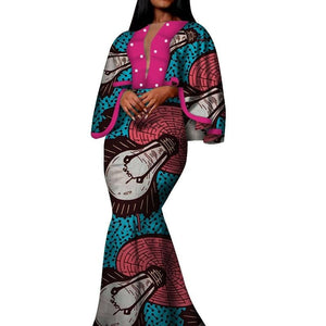 Autumn African Print Long Dresses for Women Bazin Riche Cotton Ruffles Sleeve Dresses Vestidos Pearl African Clothing WY5030