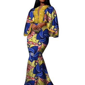 Autumn African Print Long Dresses for Women Bazin Riche Cotton Ruffles Sleeve Dresses Vestidos Pearl African Clothing WY5030