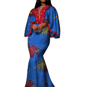 Autumn African Print Long Dresses for Women Bazin Riche Cotton Ruffles Sleeve Dresses Vestidos Pearl African Clothing WY5030