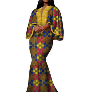 Autumn African Print Long Dresses for Women Bazin Riche Cotton Ruffles Sleeve Dresses Vestidos Pearl African Clothing WY5030