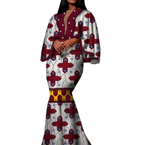 Autumn African Print Long Dresses for Women Bazin Riche Cotton Ruffles Sleeve Dresses Vestidos Pearl African Clothing WY5030