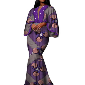 Autumn African Print Long Dresses for Women Bazin Riche Cotton Ruffles Sleeve Dresses Vestidos Pearl African Clothing WY5030