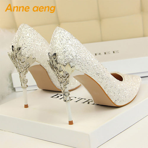 2019 New Women Pumps High Thin Heel Metal Pointed Toe Shallow Sexy Ladies Bling Bridal Wedding Women Shoes White High Heels