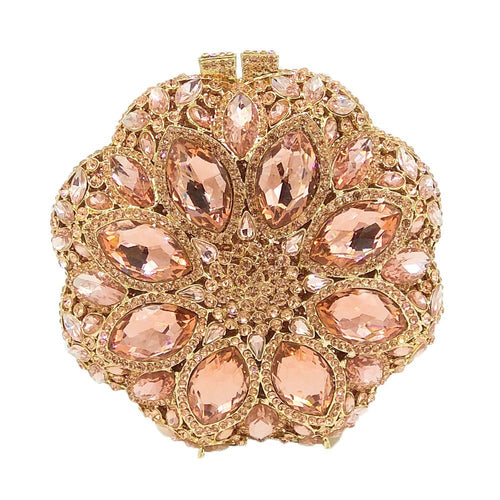 Double Flower Champange Women Crystal Round Clutch Purses Evening Bags Wedding Cocktail Party Minaudiere Handbags