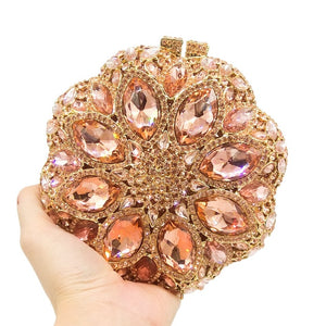 Double Flower Champange Women Crystal Round Clutch Purses Evening Bags Wedding Cocktail Party Minaudiere Handbags