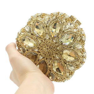 Double Flower Champange Women Crystal Round Clutch Purses Evening Bags Wedding Cocktail Party Minaudiere Handbags