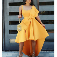 Load image into Gallery viewer, STYLISH LADY Big Bow Ruffle Hi Low Dress 2019 Summer Women Spaghetti Strap Yellow Front Short Back Long Big Swing Party Dress